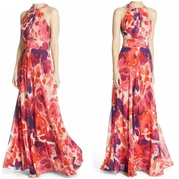 Eliza J Floral Print Halter Maxi Dress Chiffon Sleeveless Long Formal Gown Pink - Picture 2 of 13